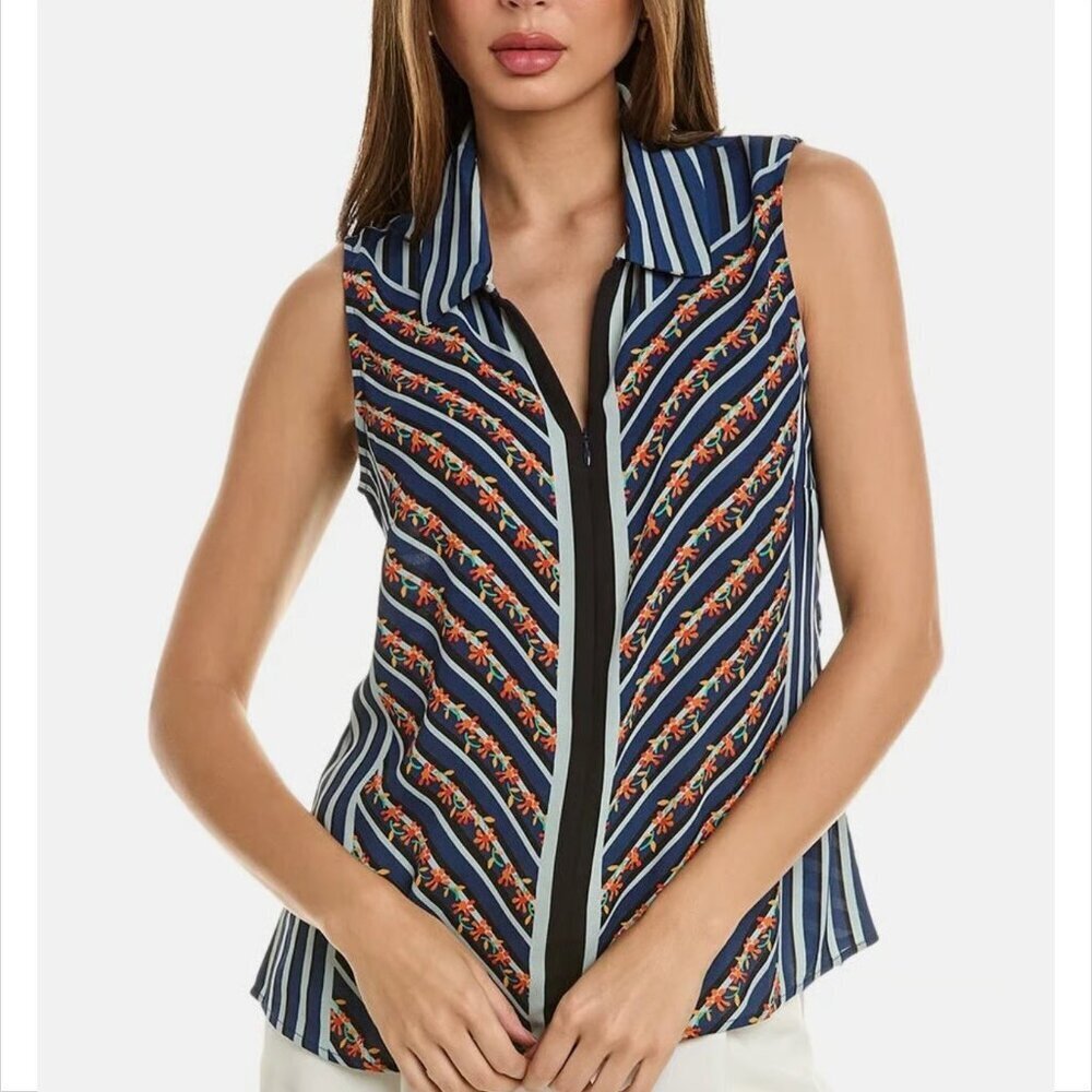 CAbi sleeveless blouse top shirt chiffon zipper chevron floral blue orange new M